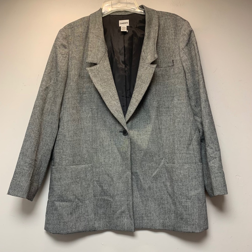 Chico's Blazer Womens 3 Grey Excellent Wool Blend Tweed Single Button Office